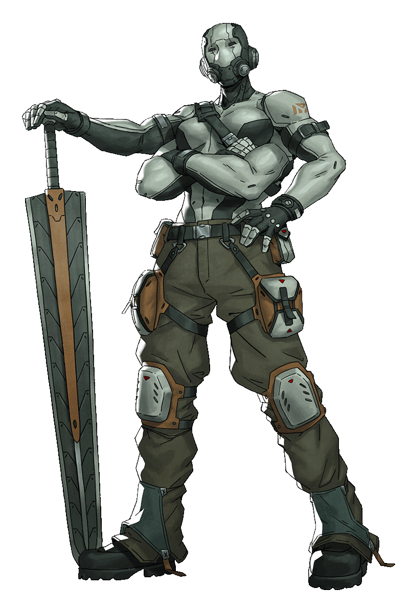 Berk, with four arms, stands while resting one arm on a sword that is nearly as tall as they are.